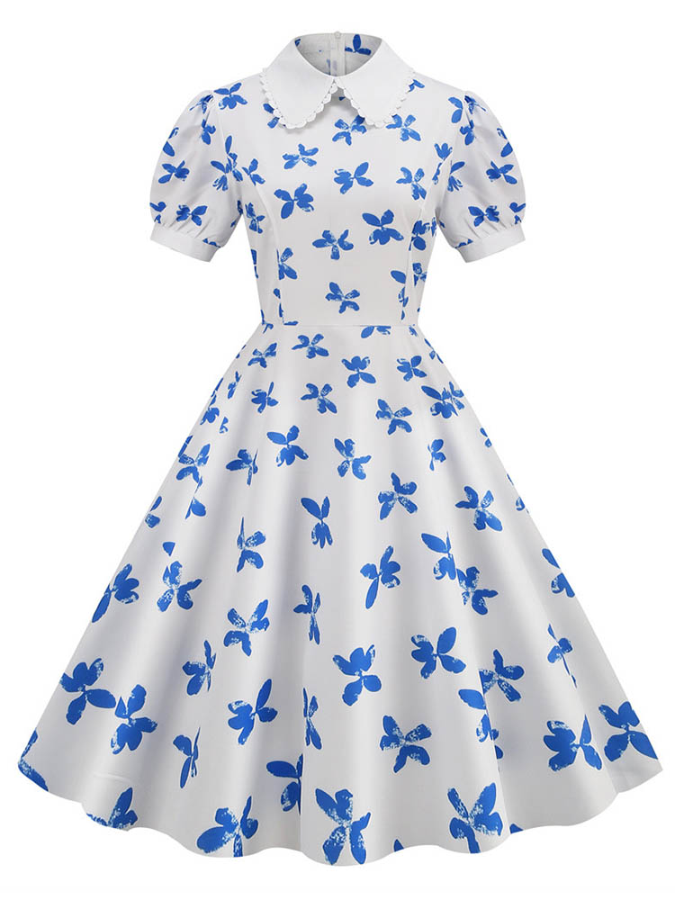 Floral Printed Summer Dress for Women Peter Pan Collar Vintage Midi Sundress Casual Party Dress with Puff Short Sleeves: S / Pink