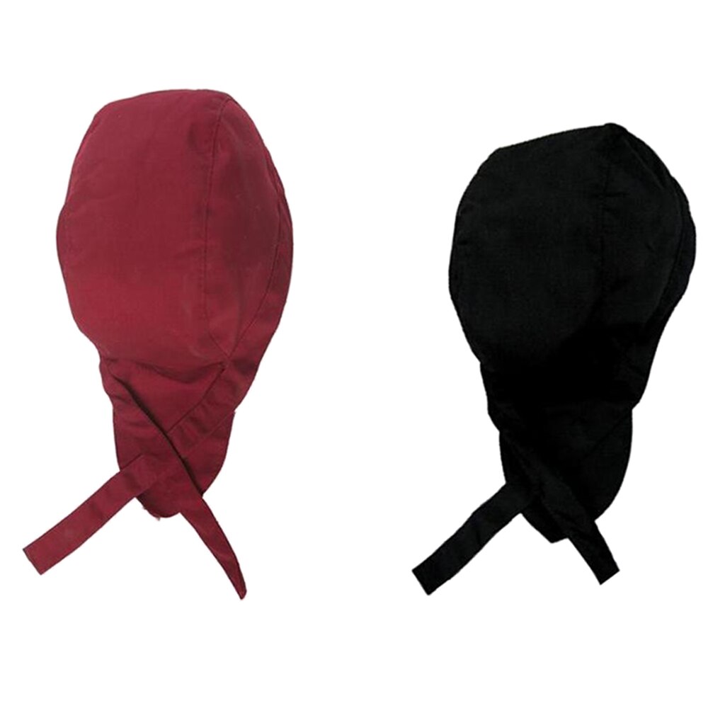 2 Pieces Unisex Kitchen Catering Chef Skull Cap Tie Back Pirate Hat Headwrap Bandana Hats, Wearable - Black Red