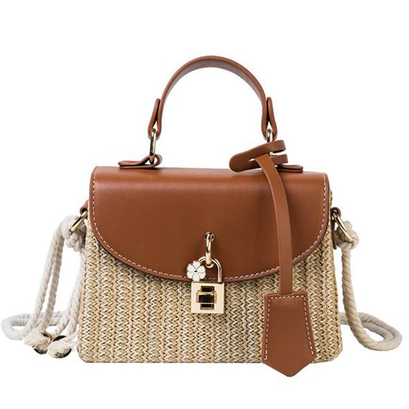 Bolsa de paja de verano tejida para mujer, bolso de mano femenino, cruzado, a la , de noche,: Brown