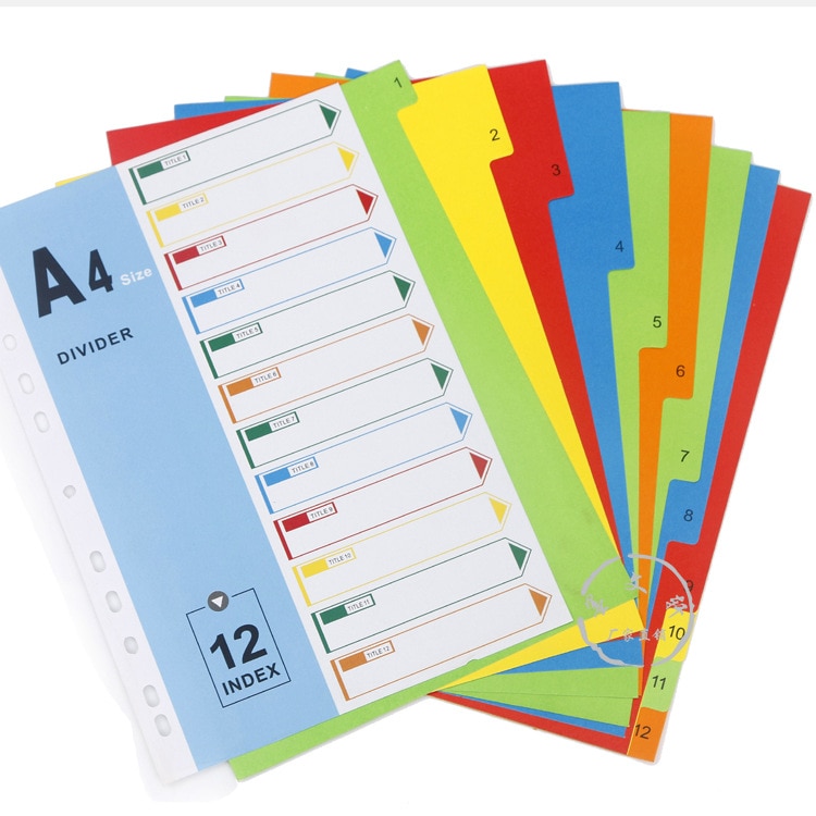 A4 planlægningsdeler 11 huller 12 skillevægge farverigt papir pap indeks kort til løse blade papir mappe skillevægge (12 sæt)