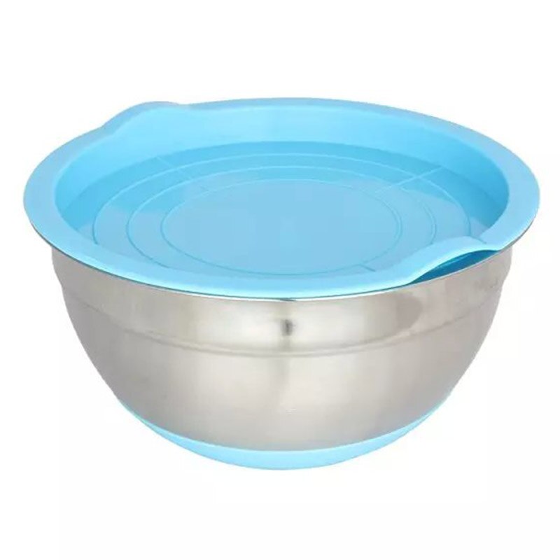 Tazón de acero inoxidable con cubierta de sellado sin magnético, olla inferior de silicona para ensalada, utensilios de cocina para hornear huevos, GQ: Azul cielo
