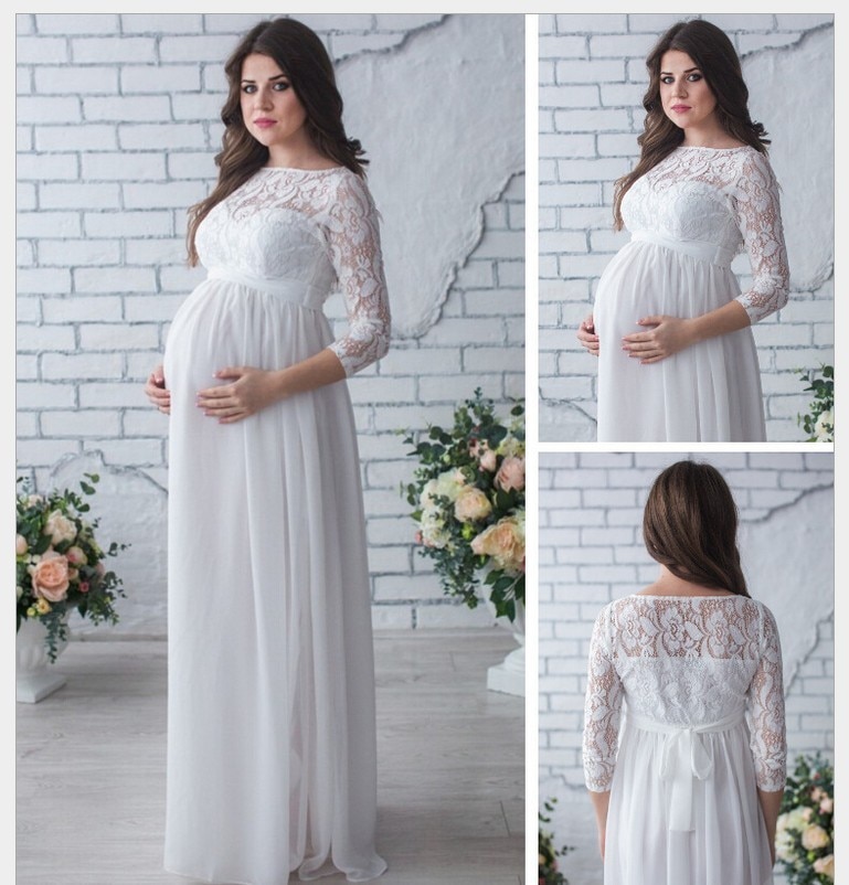 Gravid brudklänning en linje o hals lång ärm spets lång boho bröllopsklänningar strand brudklänningar robe de mariee