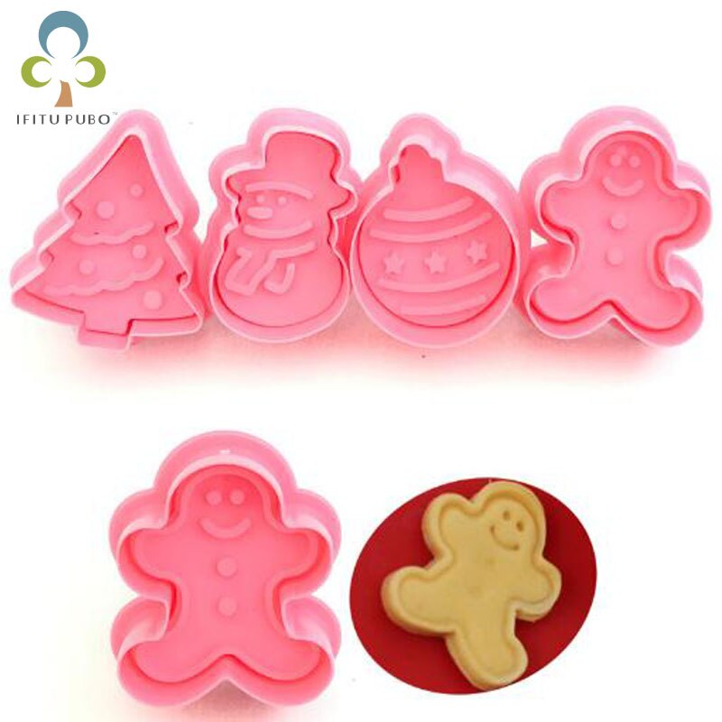 4 stks/set Fondant cake tool kerstmissneeuwman kerstboom cookie lente stamper 3D Kerst Cookie Print Cakevorm LYQ