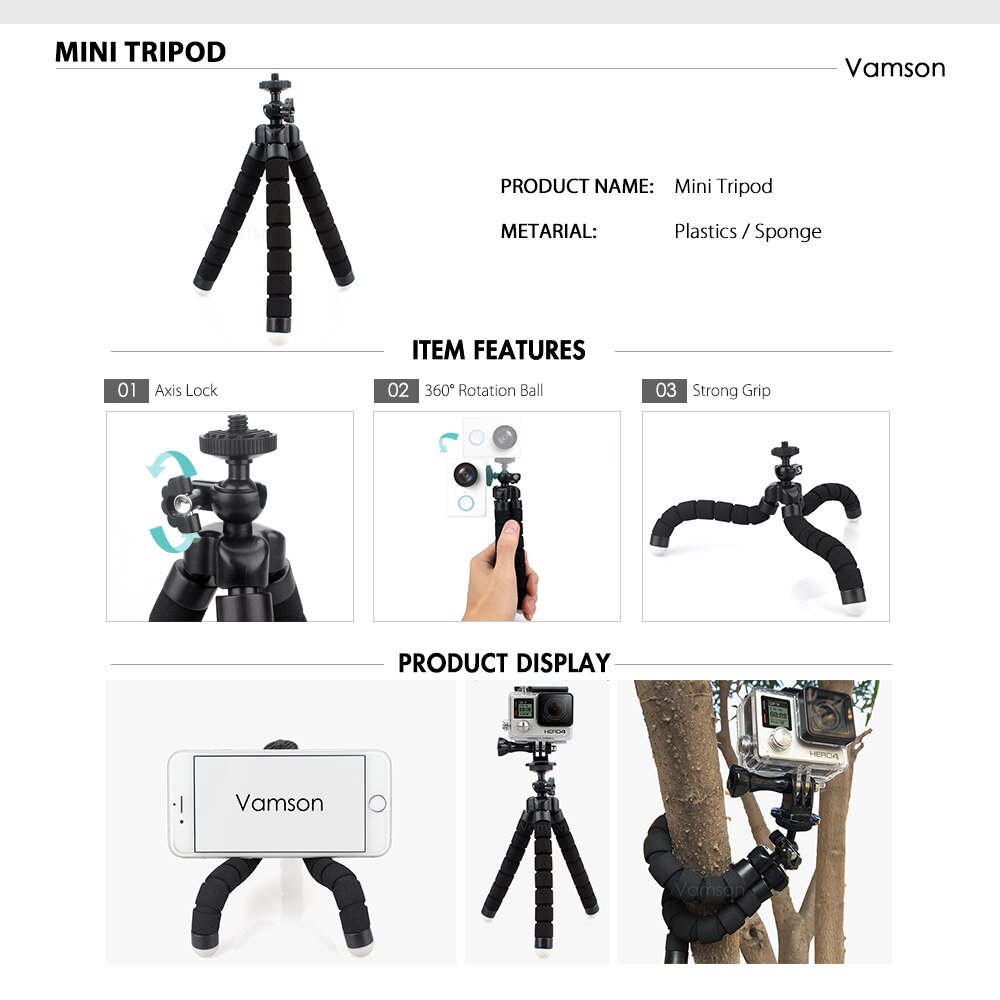 Vamson for DJI OSMO Action Camera Accessories for go pro Hero 10 9 8 7 6 5 Tripod Head Chest Strap for Xiaomi Yi4K insta360 VS22