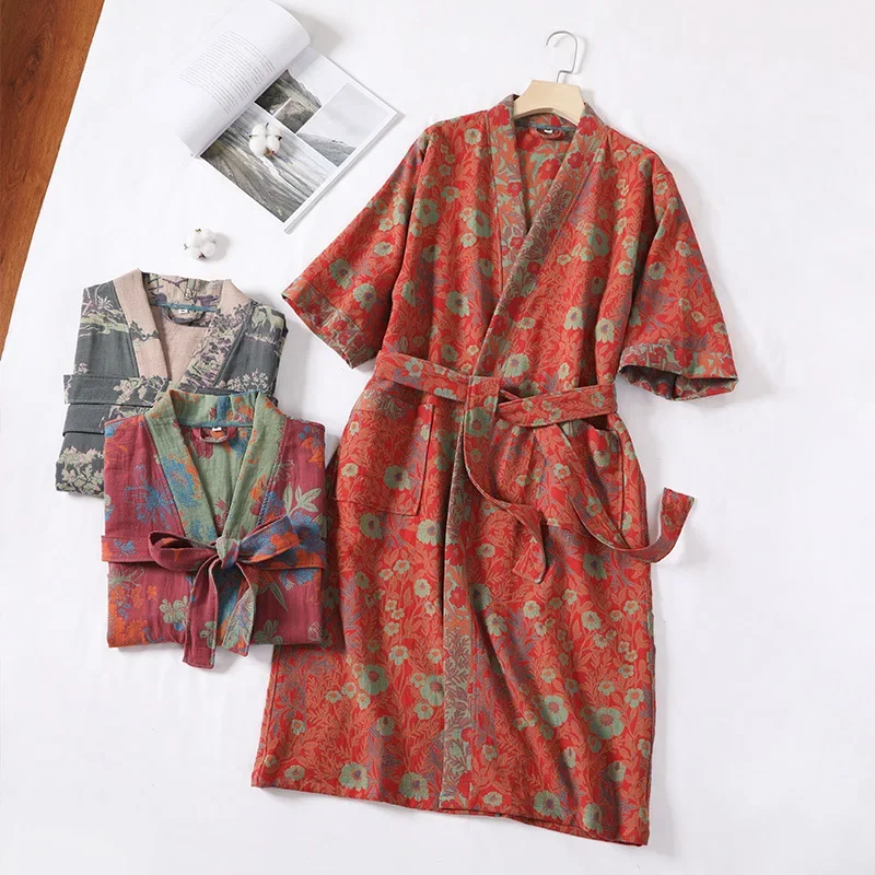 Albornoz de gasa de doble capa de algodón puro para primavera/verano, tela fina teñida, ropa de hogar para parejas, bata tipo kimono de estilo japonés, pijama