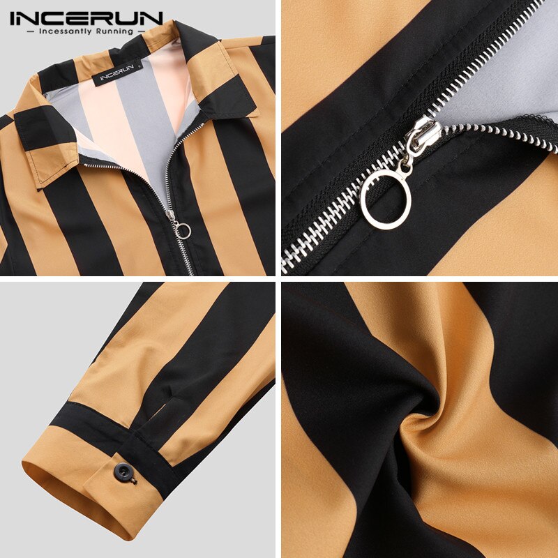Stribede skjorter herre langærmede turn-down krave lynlåse streetwear stilfulde slim fit toppe chic camisa herre skjorte incerun 5xl