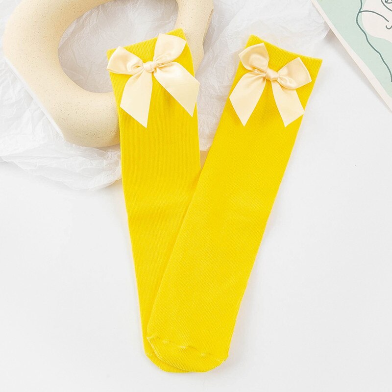 Effen Kleur Lente Zomer Baby Peuter Kinderen Sokken Zachte Katoenen Baby Meisje Sokken Leuke Bows Prinses Meisje Kniekousen: Yellow