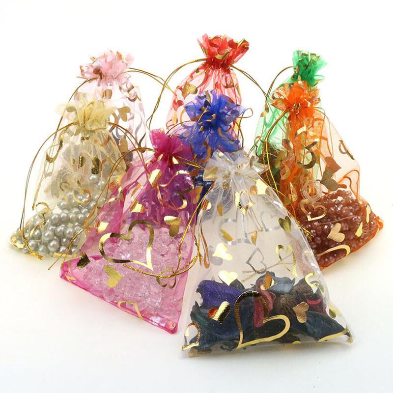 10Pcs Willekeurige Mixed Bronzing Garen Zak Drawable Organza Sieraden Tassen Bruiloft Levert Snoep Zakken Zakjes Festival Decoratie