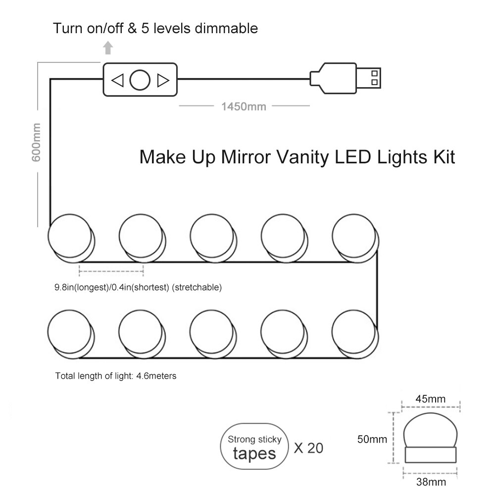 DC5V 10W 10 LED Dimmable Vanity Mirror Light Kit USB Powered Operated Memory Function Adjustable Make Up Mirror Light Room Salon