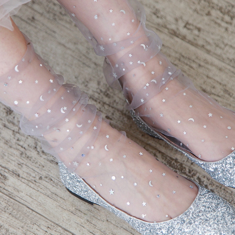 Chaussettes d'été en tulle à maille fine couleur bonbon, chaussettes en résille transparentes en maille élastique brillante étoiles lune