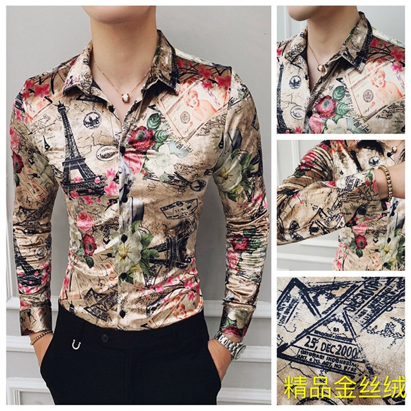 Camisas de terciopelo de para hombre, vestido de con estampado de de invierno, camisas de manga larga, camisa informal barroca ajustada para hombre, camisa para de graduación