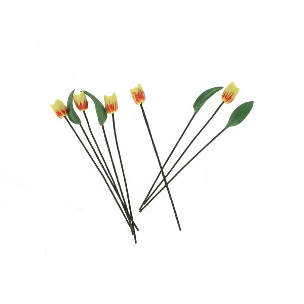 9pz Artificiale Tulipano Giallo Fiori e foglie 1:12 Casa Delle Bambole Decorazione