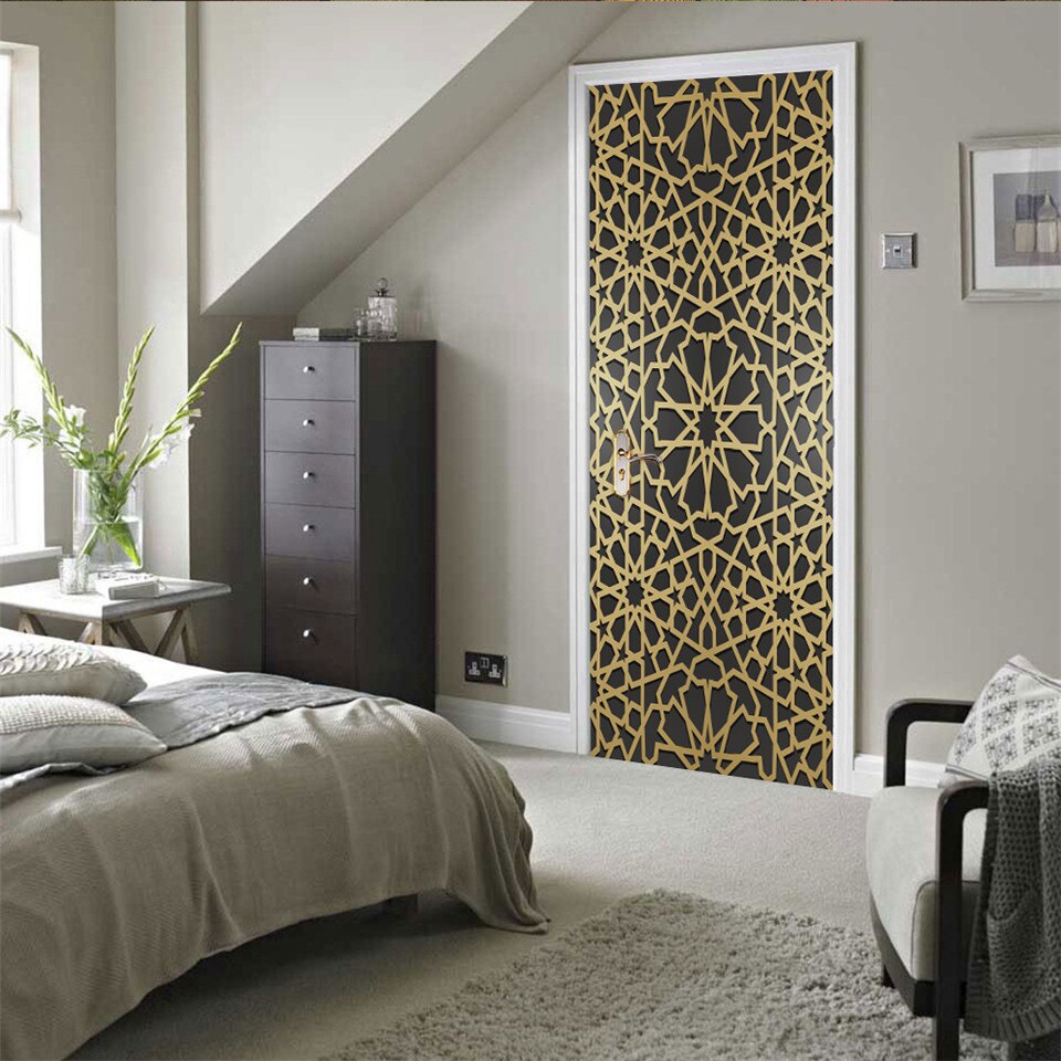 Muslim Religious Style Golden Texture Door Sticker PVC Peel & stick Wallpaper For Living Room Home Art Decoration Murals