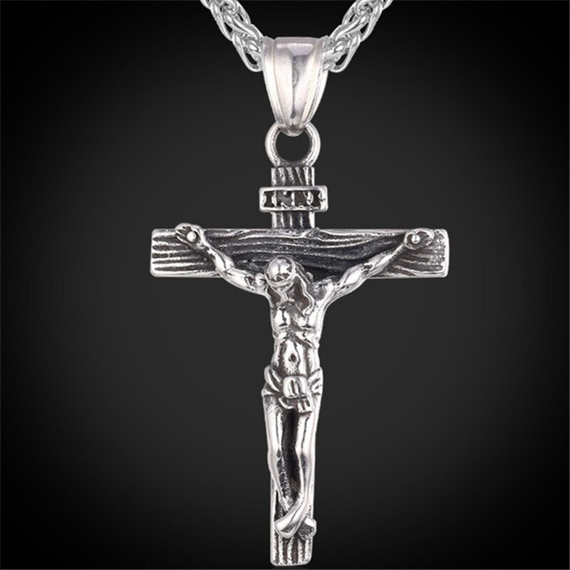 crucifijo Cristo Jesús collar de hombre joyería de oro de acero inoxidable de Color cadena alrededor del cuello cruzado colgante collares para hombre: silver chain 1