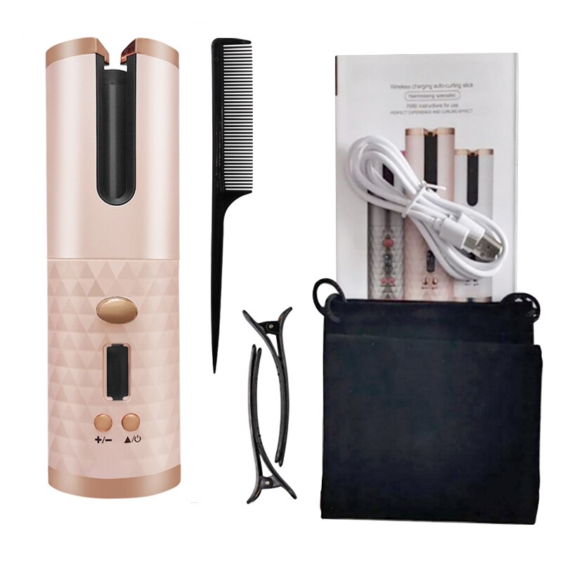 Hair Tools Portable Wireless Automatic Curling Iron Hair Curler USB Rechargeable with LCD Display for Woman: Type 1 Pink