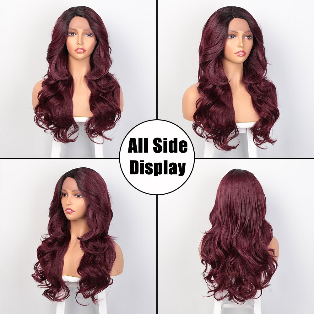 AISI królowe długie faliste koronkowe peruki dla kobiet wino czerwone czarne syntetyczne koronki przodu peruka częściowe naturalne codzienne włosy dla kobiet