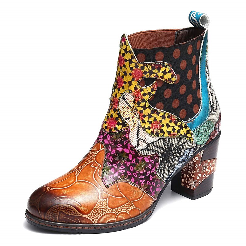 Botas étnicas coloridas de cuero de la PU que empalman los zapatos elegantes de las mujeres de las botas cortas de los tacones altos de la cremallera de la flor