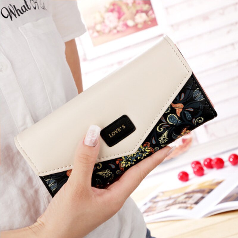 Envelope Women Wallet Hit Color 3Fold Flowers Printing PU Leather Wallet Long Ladies Clutch Coin Phone Purse