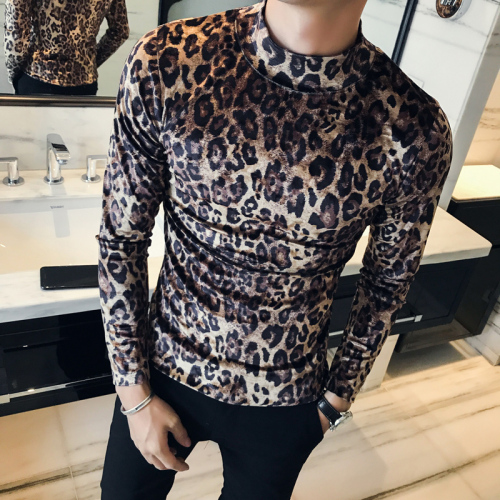 Leopard t-shirt vinter herr & #39 #39 herr toppar smal höghalsad t-shirt långärmad herr t-shirt camiseta: Gul / Koreanska  xl 60-65kg