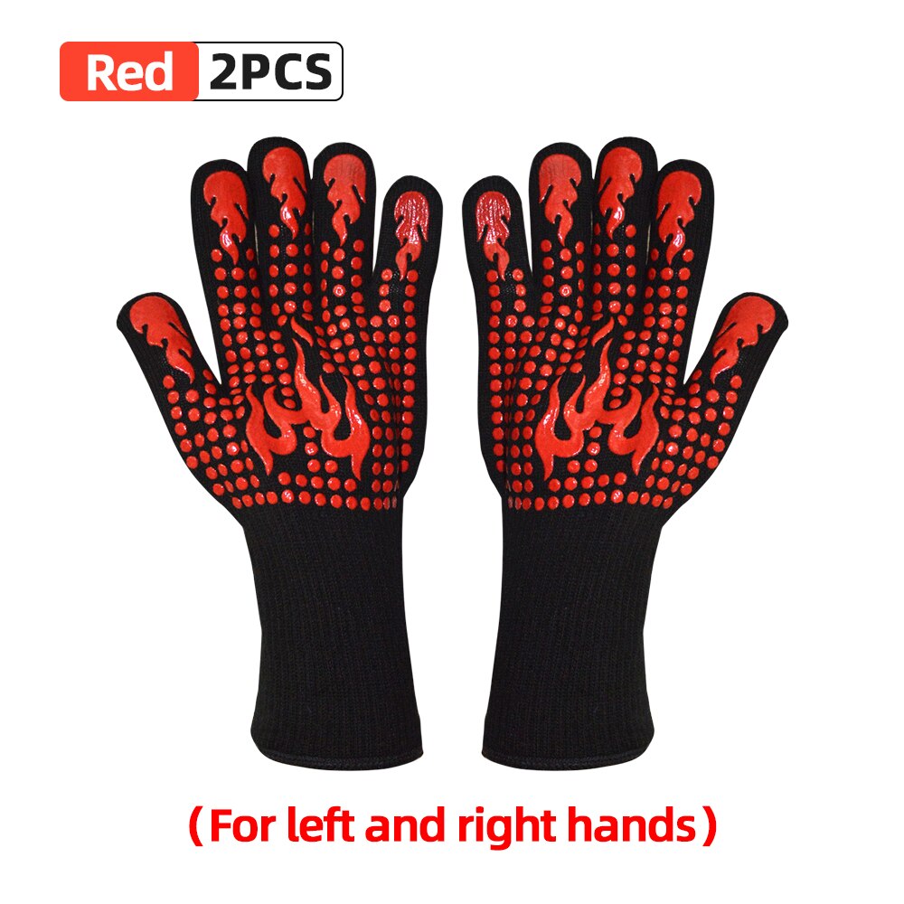 BBQ Grill Gloves High Temperature Resistance 800 Degrees Fireproof Heat Insulation Glove Cooking Baking Barbecue Microwave Oven: One Pair-Red A