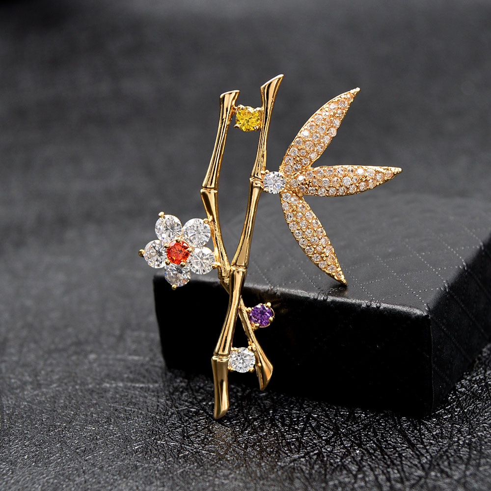 CINDY XIANG cubic zirconia bamboo brooch women and men brooches unisex plant pin copper jewelry wedding coat accessories