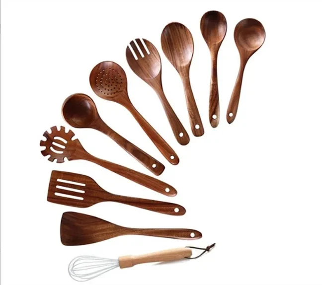 Naturlig teak køkkenske køkkenspatel træ non-stick køkkenredskaber sæt med ophængningskroge køkkengrej værktøjssæt