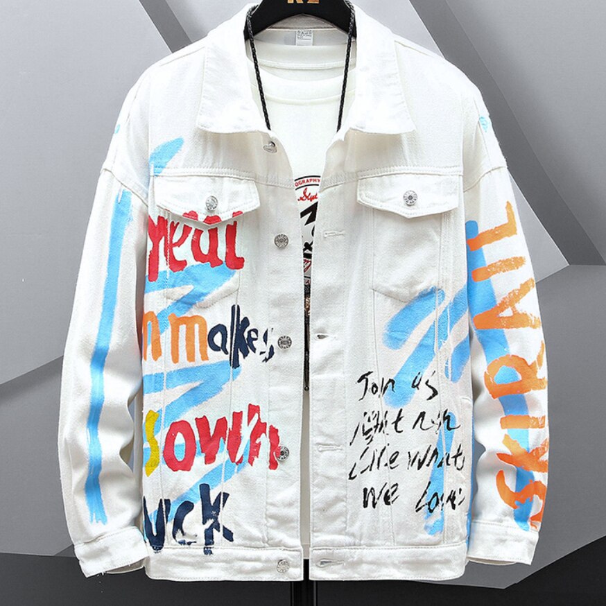 2022 nowa hip-hopowa nadrukowana moda jeansowa kurtka męska bawełna casualowe w stylu Streetwear krótki styl luźny dżins kurtka płaszcz mężczyźni kurtka wiosenna