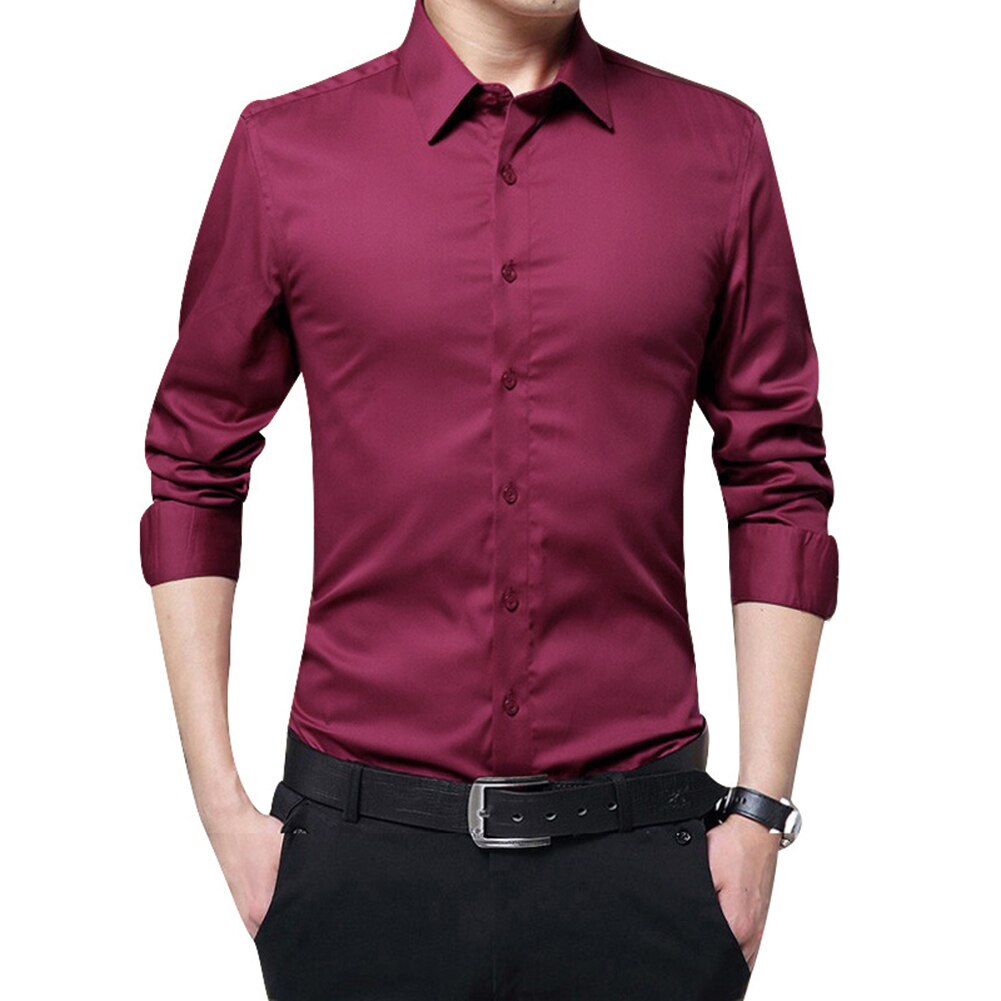 Newly Men Long Sleeve Shirts Slim Fit Solid Business Formal Shirts for Autumn BF88: XL / wine red