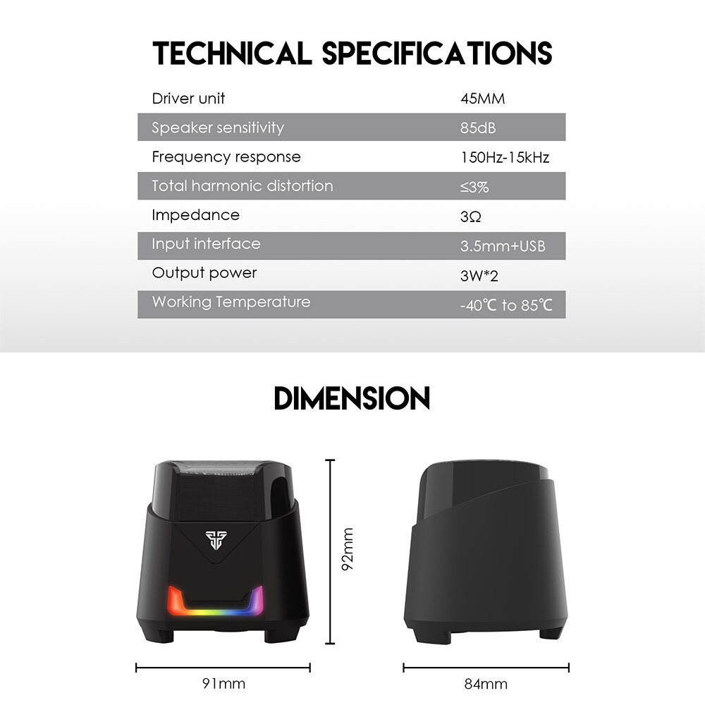 Fantech  gs205 computerluidsprekers met bedrade subwoofer, stereogeluid, full-range , 3.5mm draagbare rgb-luidsprekers voor laptop, desktop, pc en tv.