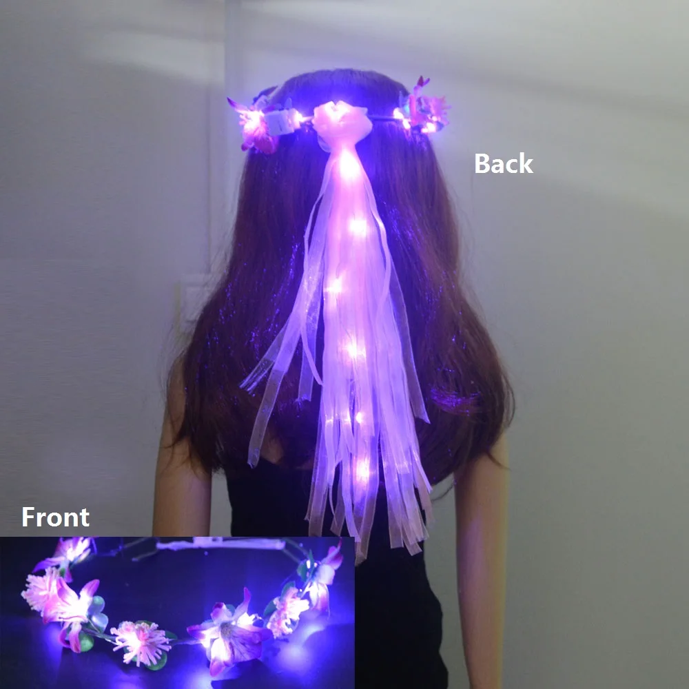 Women Girl Glow Party LED Hawaiian Lei Headband Light Up Flower Ribbon Crown Birthday Wedding Festival: DEEP BLUE