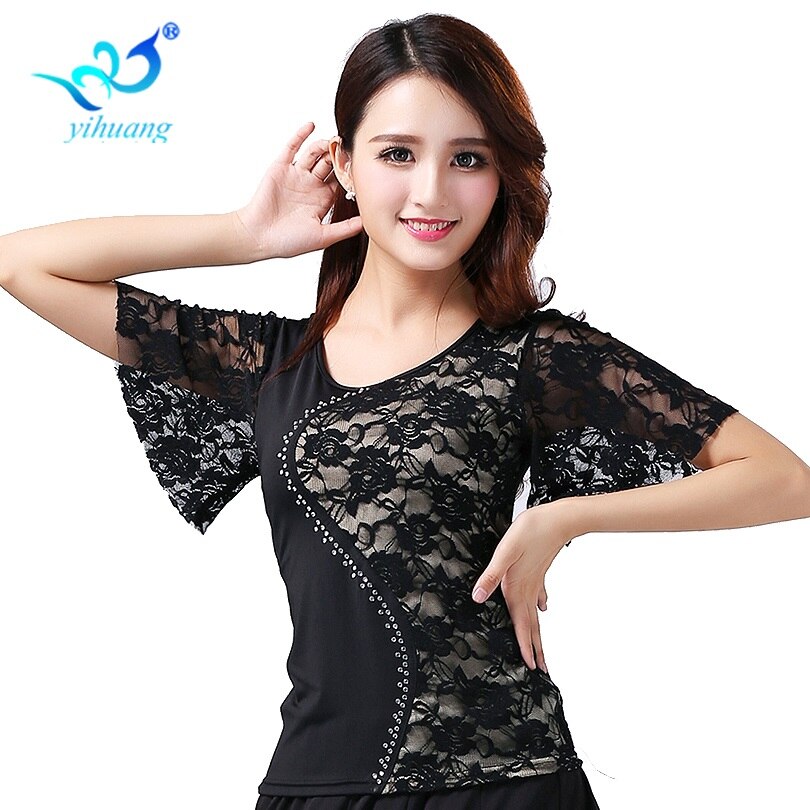 Ballsaal tanzen Kostüm Wettbewerb Spitzen Moderne Standard Tanzen Bluse Walzer Tänzerin Kurzen Ärmeln Latein Salsa Rumba #17: Schwarz / XL