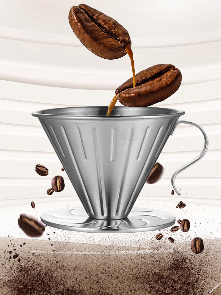 V60 Style Stainless Steel Coffee Dripper Engine Coffee Drip Filter Cup Coffee Filter Tea Slag Funnel Hand Punch Double Filter