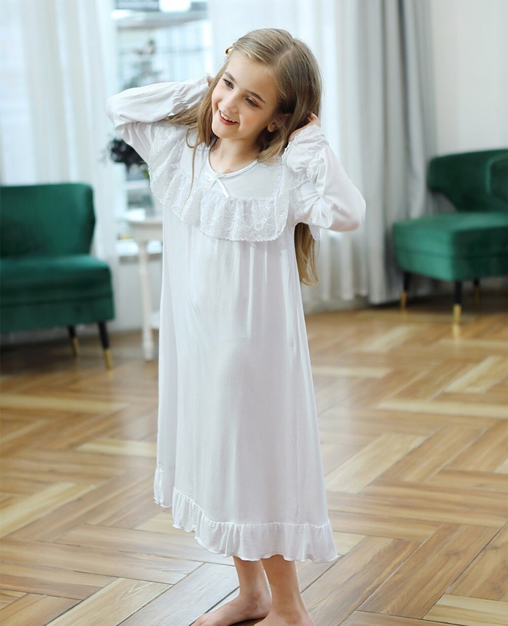 Kids Girls Night Dress Long-Sleeved Modal Long Princess Leisure Vestidos De Noche Sleepwear Night Gown Pajamas for Girls