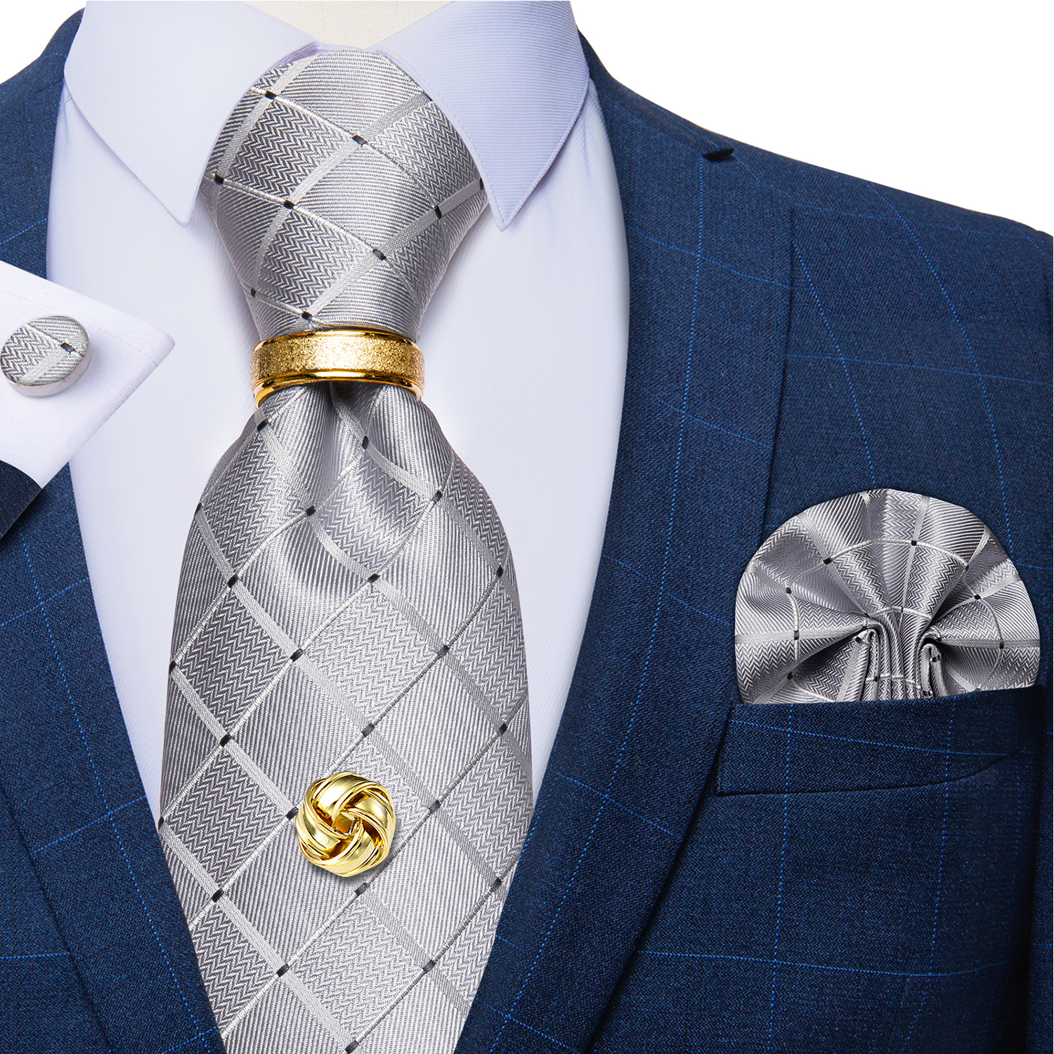 Corbatas de poliéster de Cachemira roja para hombre, 5 uds., con lazo de Metal de Color dorado, pañuelo, gemelos, boda de lujo, graduación, corbata de 8cm: Gris