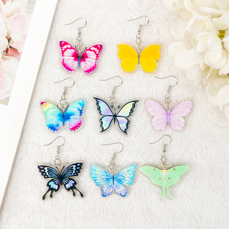 1 paire de boucles d'oreilles papillon mignon pour femme, dégradé acrylique, papillon coloré, goutte d'eau, d'anniversaire pour fille