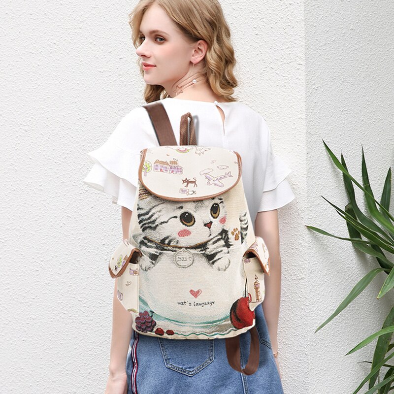Scione Nette Katze Rucksack Frauen Mädchen Leinwand Rucksack Kordelzug Druck Rucksäcke Für Teenager Mädchen Große Kapazität Schule Tasche