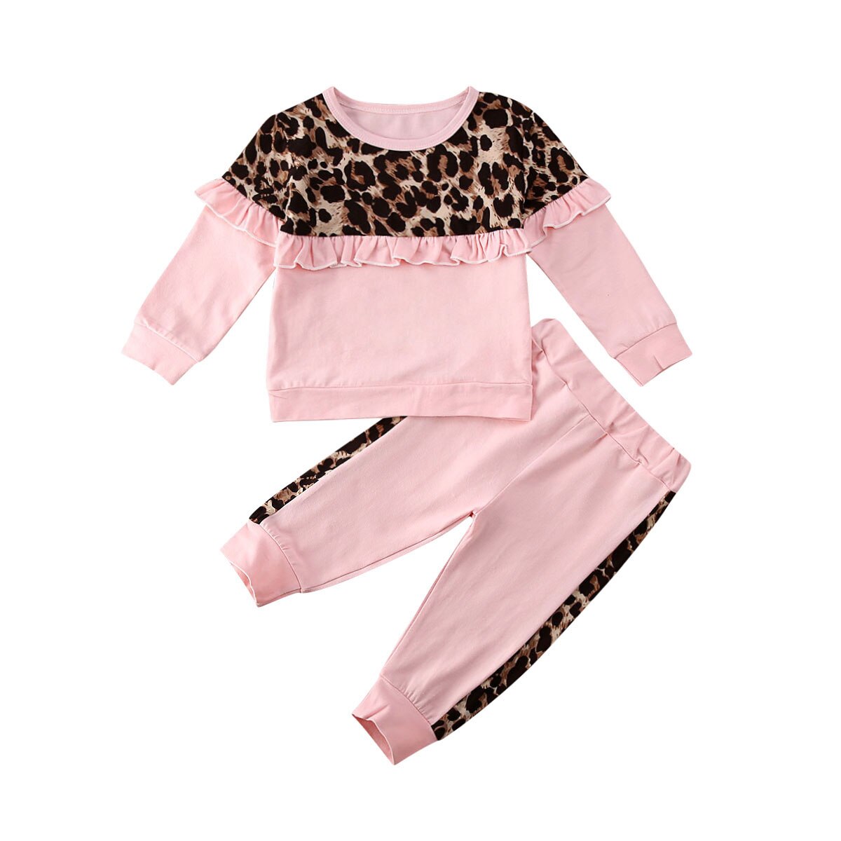 1-6Y Kids Baby Girl Autumn Clothes Sets Long Sleeve Leopard Print Pullover Ruffle Tops Leggings Pants Outfit Set: Pink / 2T