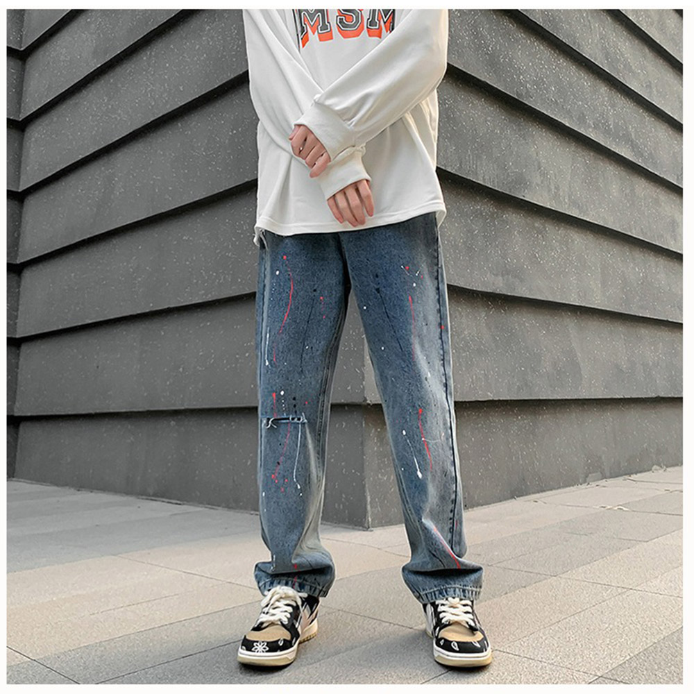 Ripped Jeans Hole Japanese Style Hip Hop High Street Straight Pants Casual Loose Long Trouser Men Chic Clothing