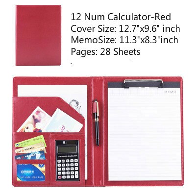 Étui de rangement A4 en cuir PU Business Padfolio, classeur Vintage Business Manager, dossier de bureau avec calculatrice: 12 Num Red C