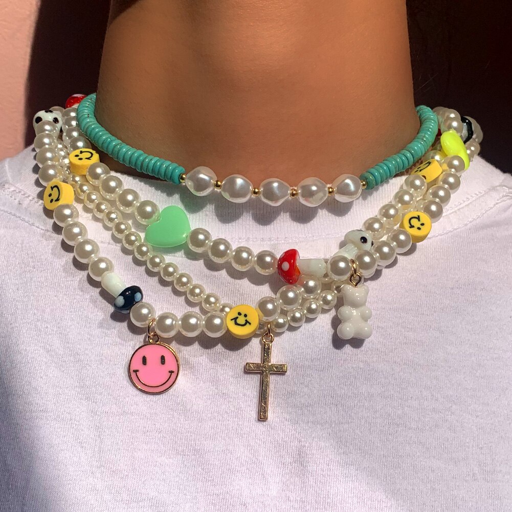 Boho Evil Eye Smile Pearl Beaded Necklace For Women Imitation Pearl Christmas Y2K Happy Face Choker Collar Party Jewelry