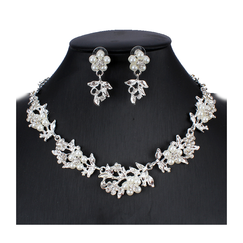 Jiayijiaduo Imitatie Parels Bruids Sieraden Sets Voor Vrouwen Zilveren Kleur Strass Ketting Oorbel Bruiloft: 5