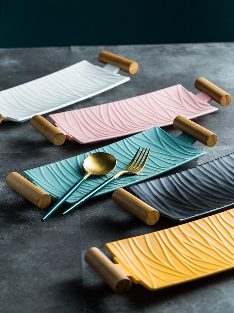 Nordic Ceramic Rectangular Sushi Long Plate Dessert Cake Snack Salmon Roast Meat Chicken Wings Plate With Handle Dinnerware