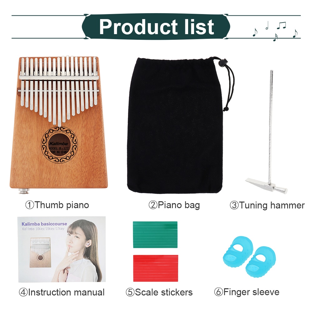 17 Key Kalimba Single Board Mahogany Thumb Piano Mbira Mini Keyboard Finger Piano Musical Instrument with Complete Accessories