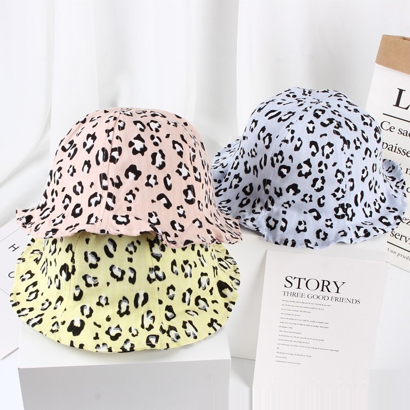 Vår sommar baby flickor solhatt tecknad leopardmönster bomull baby hatt barn pojkar hink hatt barn sol mössa