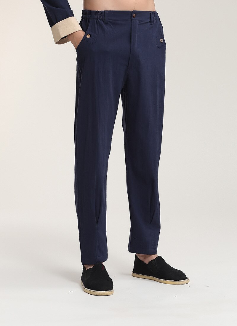 Marineblå kinesiske menn tai chi bukser bomull lin kung fu bukse tilfeldig løse myke bukser med lomme ml xl xxl xxxl