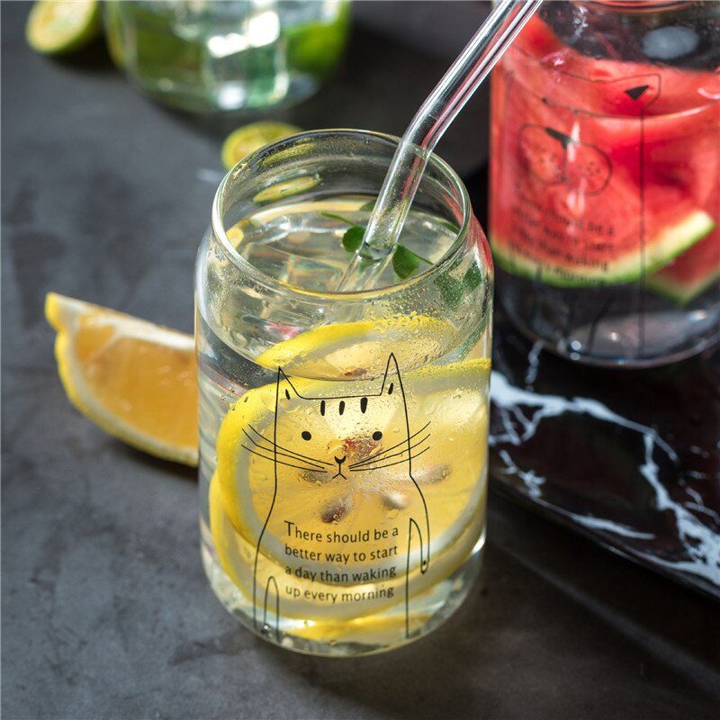 2Pcs Animal Pattern Glass Cup Transparent Cola Milk Juice Glass Home Office Coffee Mug Flower Teacup Drinking Glasses