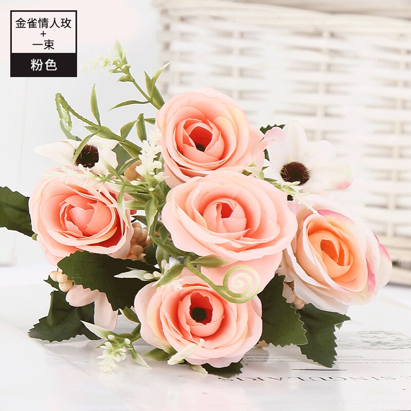 3 stk 1 haug  of 5 kunstige blomster brud som skal roser bryllup halloween fest bursdag hage hjem dekorasjon tilbehør krans: 1 rosa