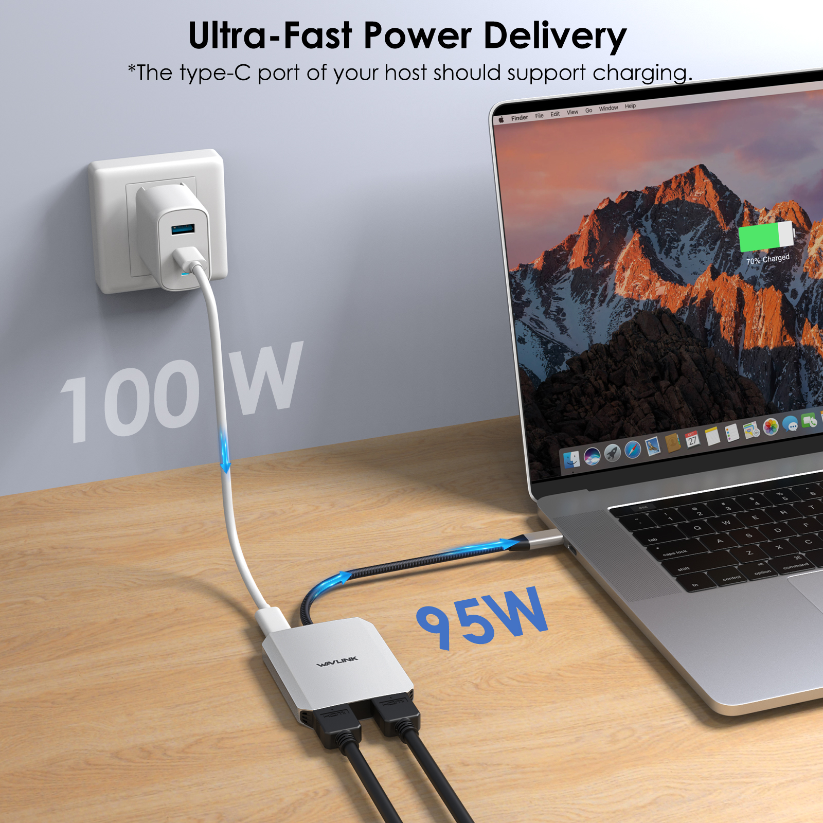 Wavlink usb c till hdmi-adapter med dubbel skärm, dubbel 4k @ 60hz 3-- i- -1 hdmi-adapter med 95w strömförsörjningar för bärbara macbook pro/air