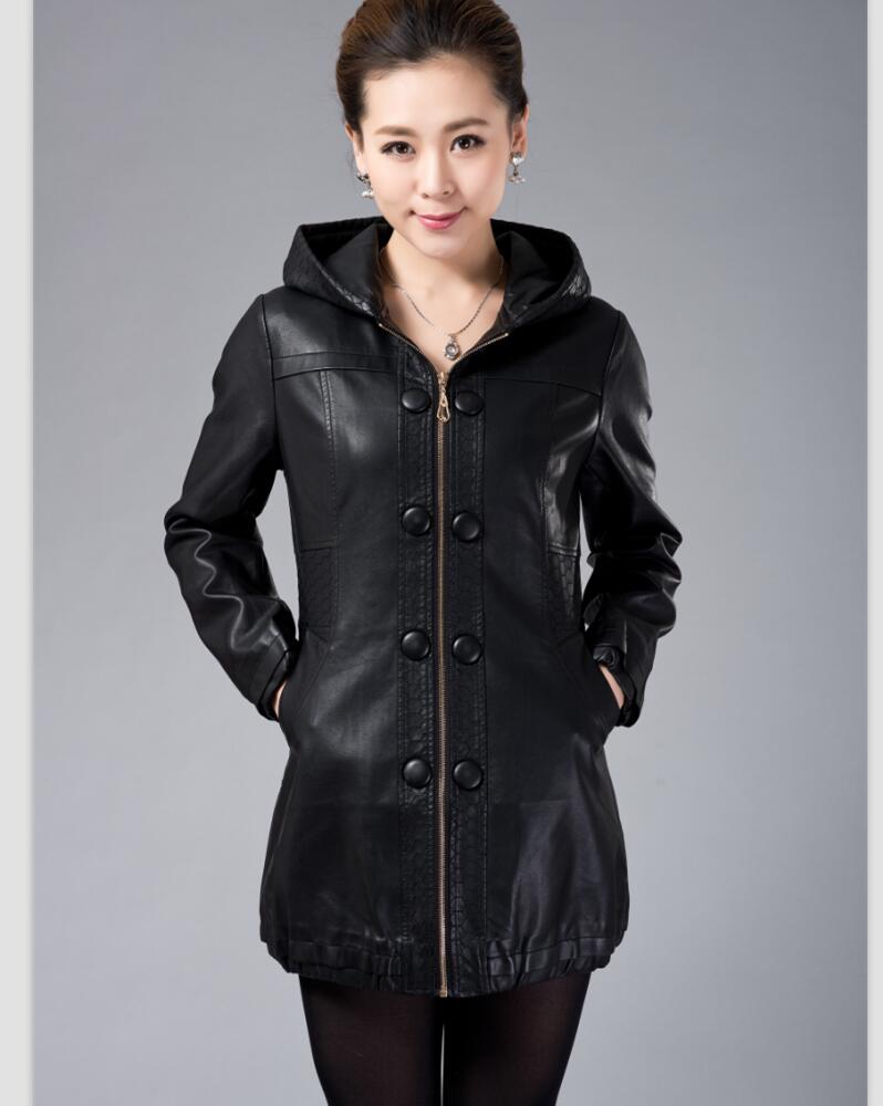 Chaqueta larga de cuero negro para mujer, abrigo holgado de talla grande, ropa de para madre, L-5XL, Otoño y otoño,: Negro / 4XL