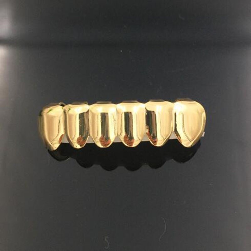 Hip hop masculino 6 topo & inferior ouro cor prata falso metal dentes grillz conjunto colisão treliça grades dentárias para o corpo feminino jóias: Gold Bottom